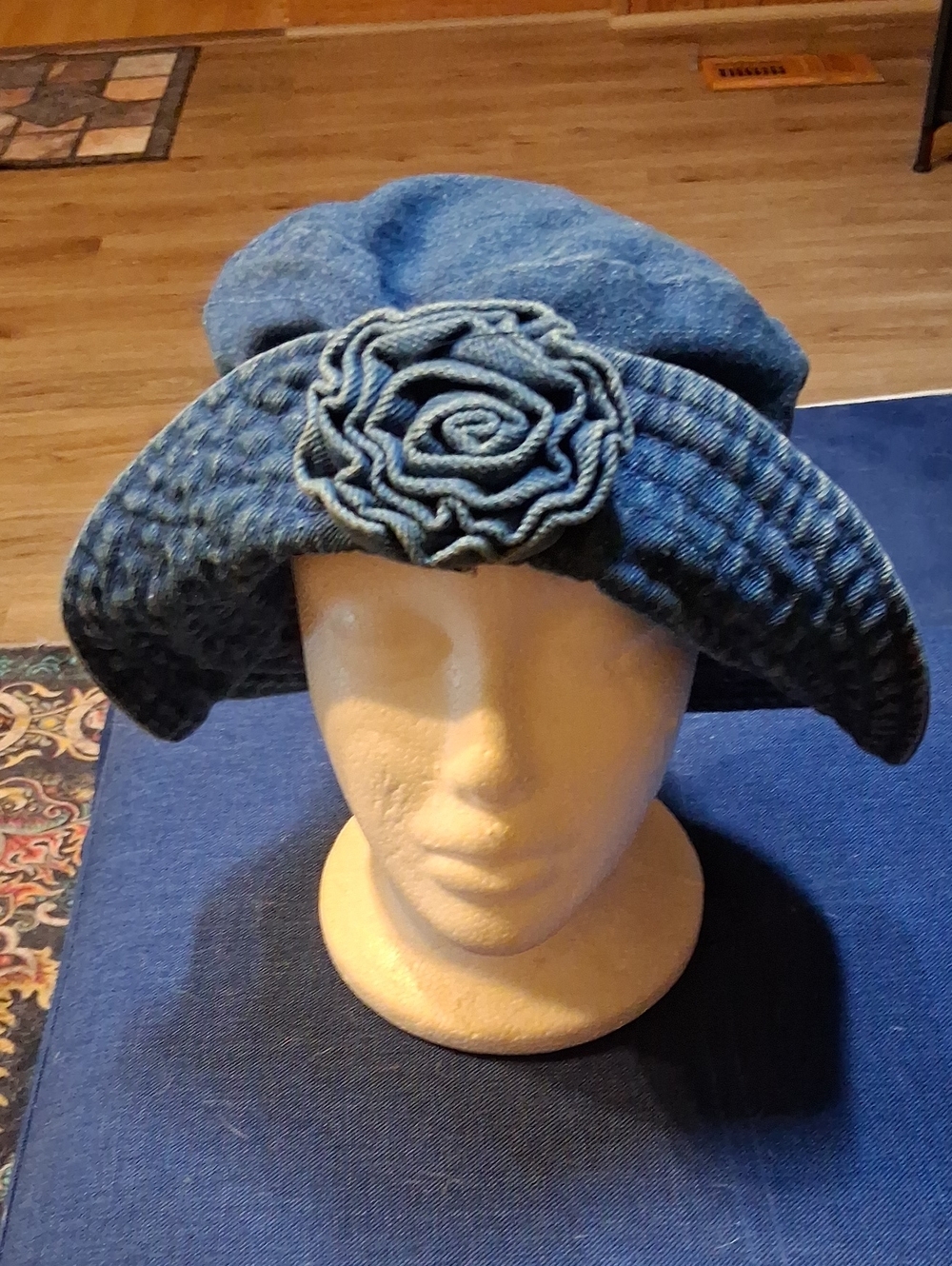 Denim Blue Women's Flower Detail Wide-Brim Hat